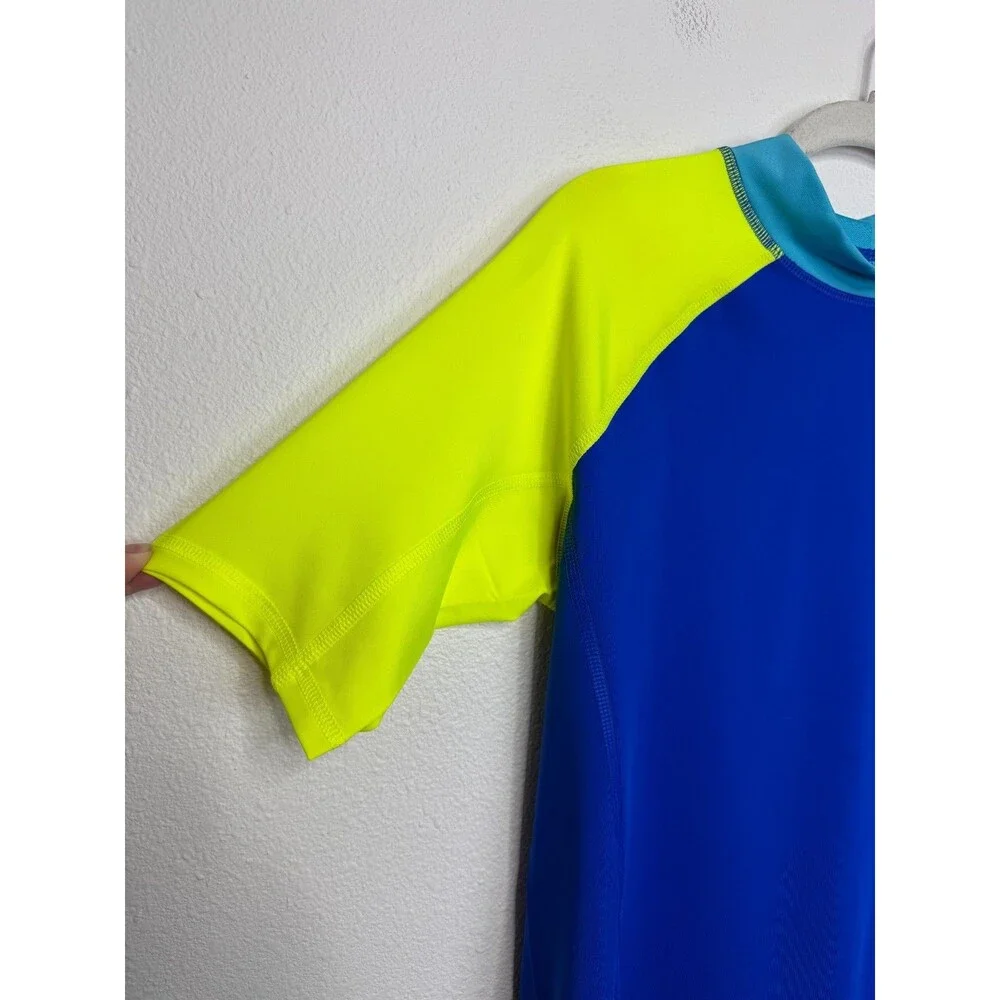 Lands End Boys XL Husky Rash Guard Blue Green Colorblock Crewneck UPF 50 Stretch